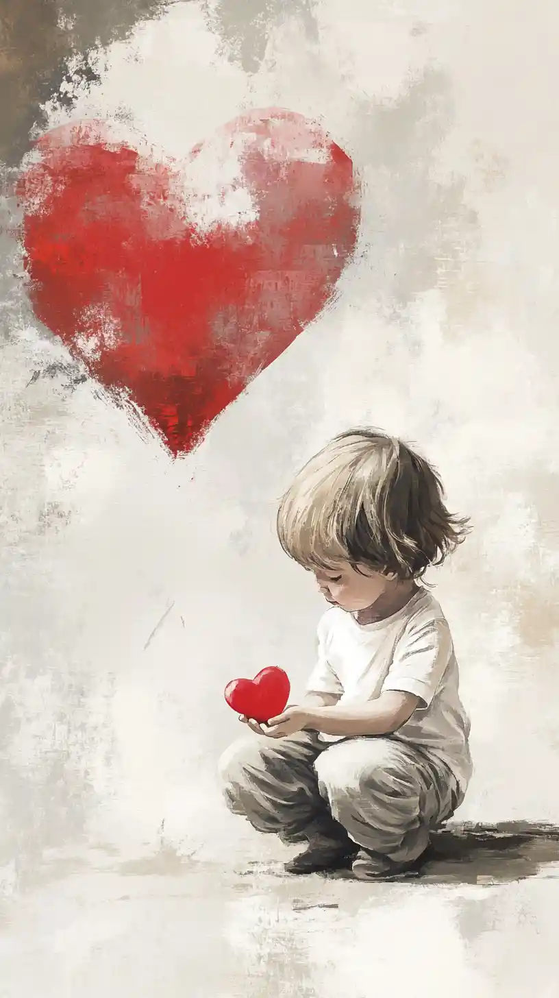 Young child holding a red heart in quiet reflection