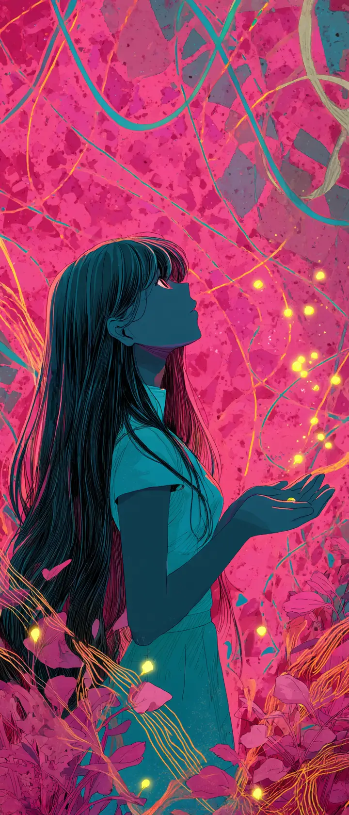 Anime girl releasing glowing memories in abstract color field