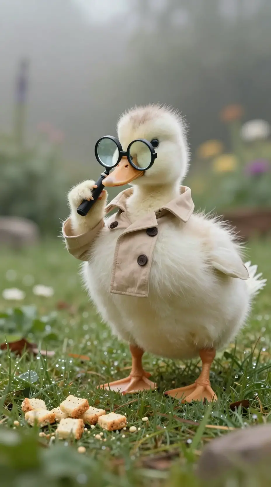 Curious duck detective following breadcrumbs in a garden