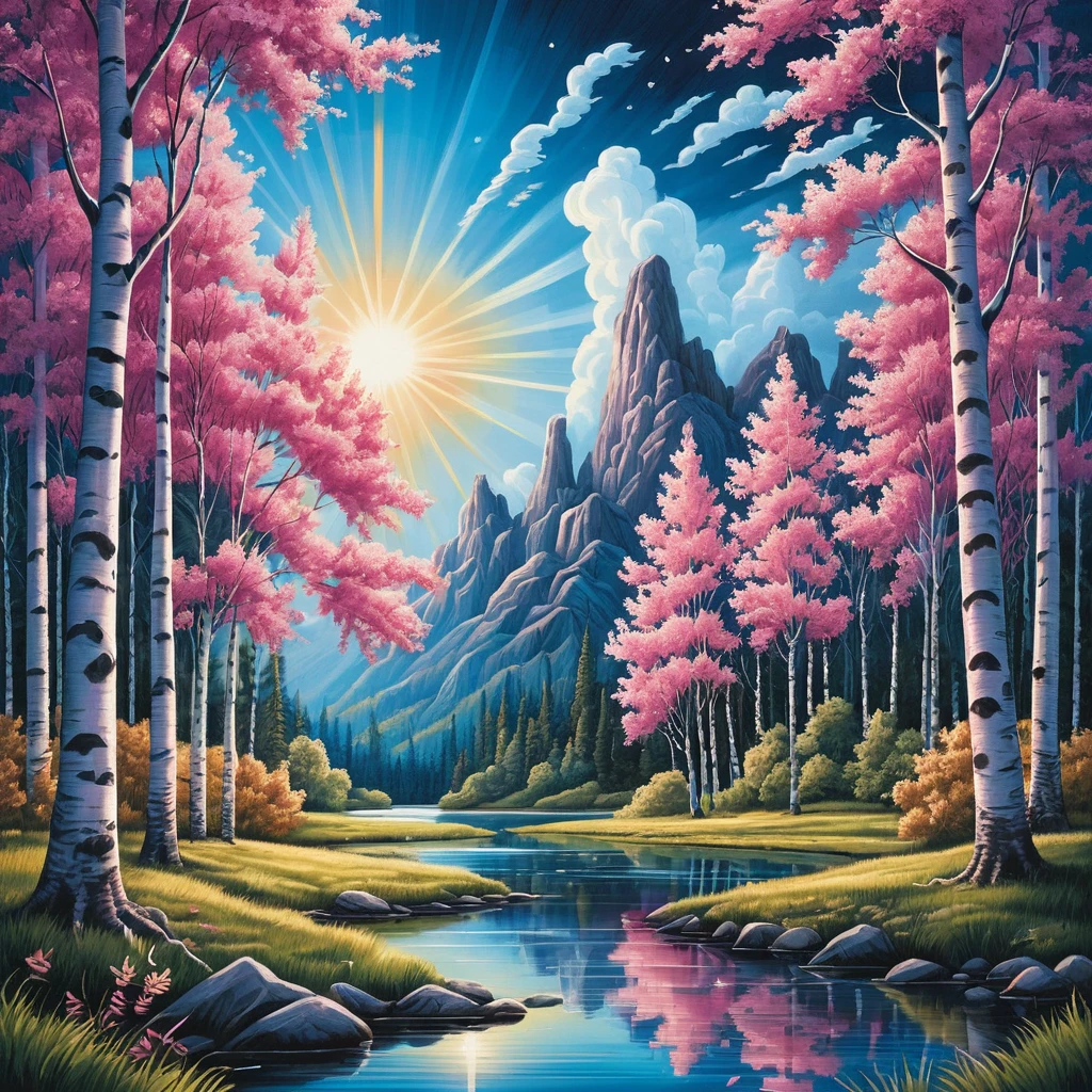 Foresta estiva di betulle con raggio di sole in blu e rosa vibranti