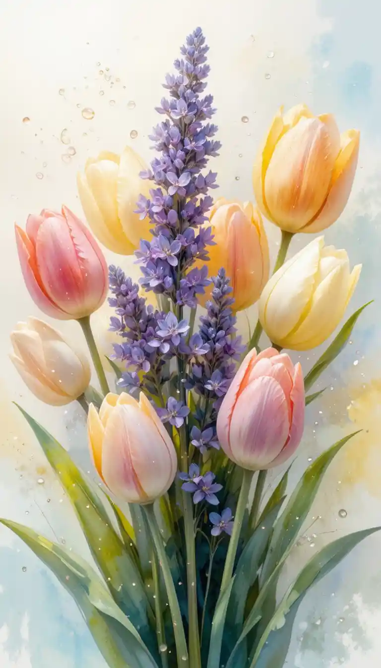 Delicato bouquet di tulipani ad acquerello in morbidi pastelli assolati