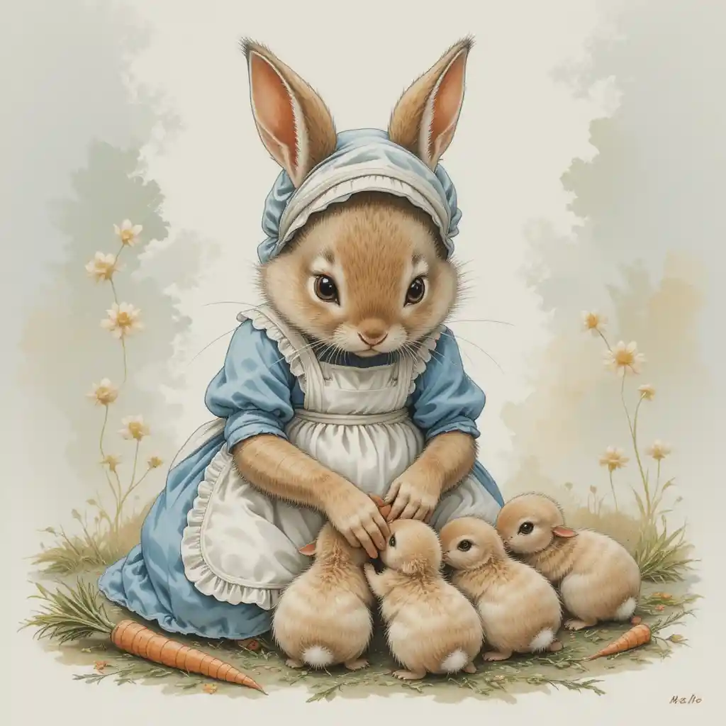 Mother rabbit in blue dress caring for her tiny babies