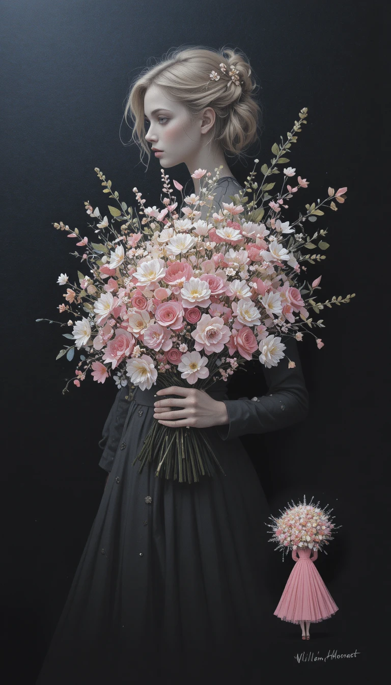 Ragazzina bionda con fiori su sfondo nero minimalista