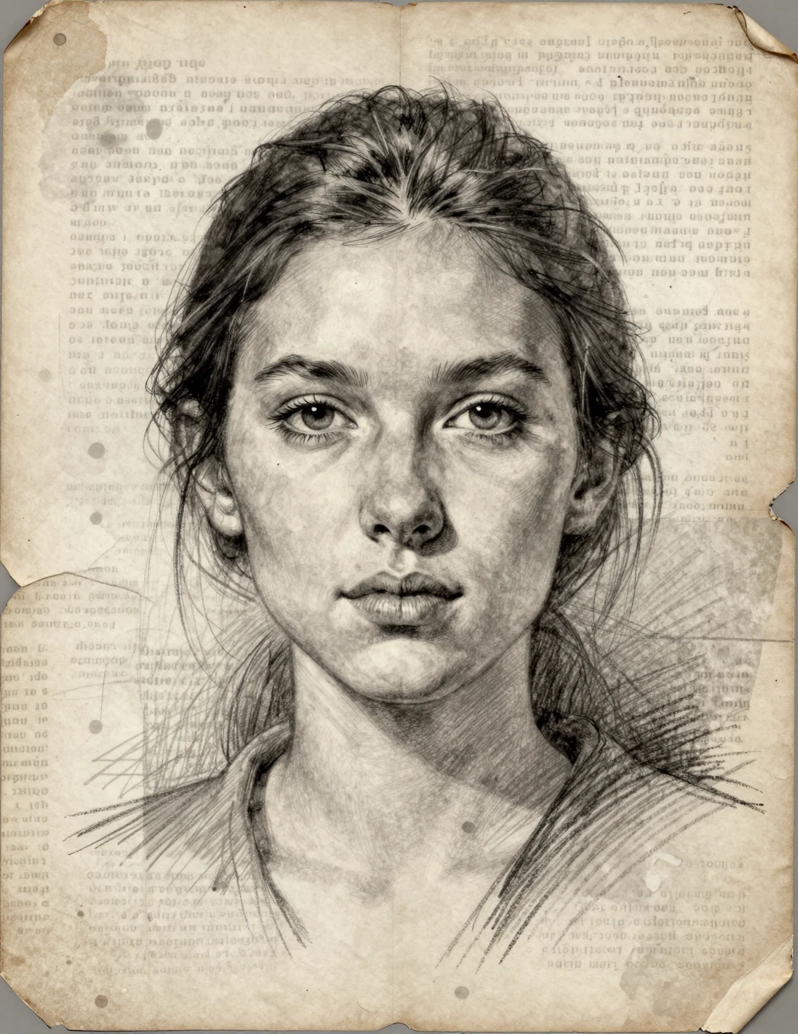 古びたレイヤードペーパーコラージュに描かれた少女のグラファイト肖像画