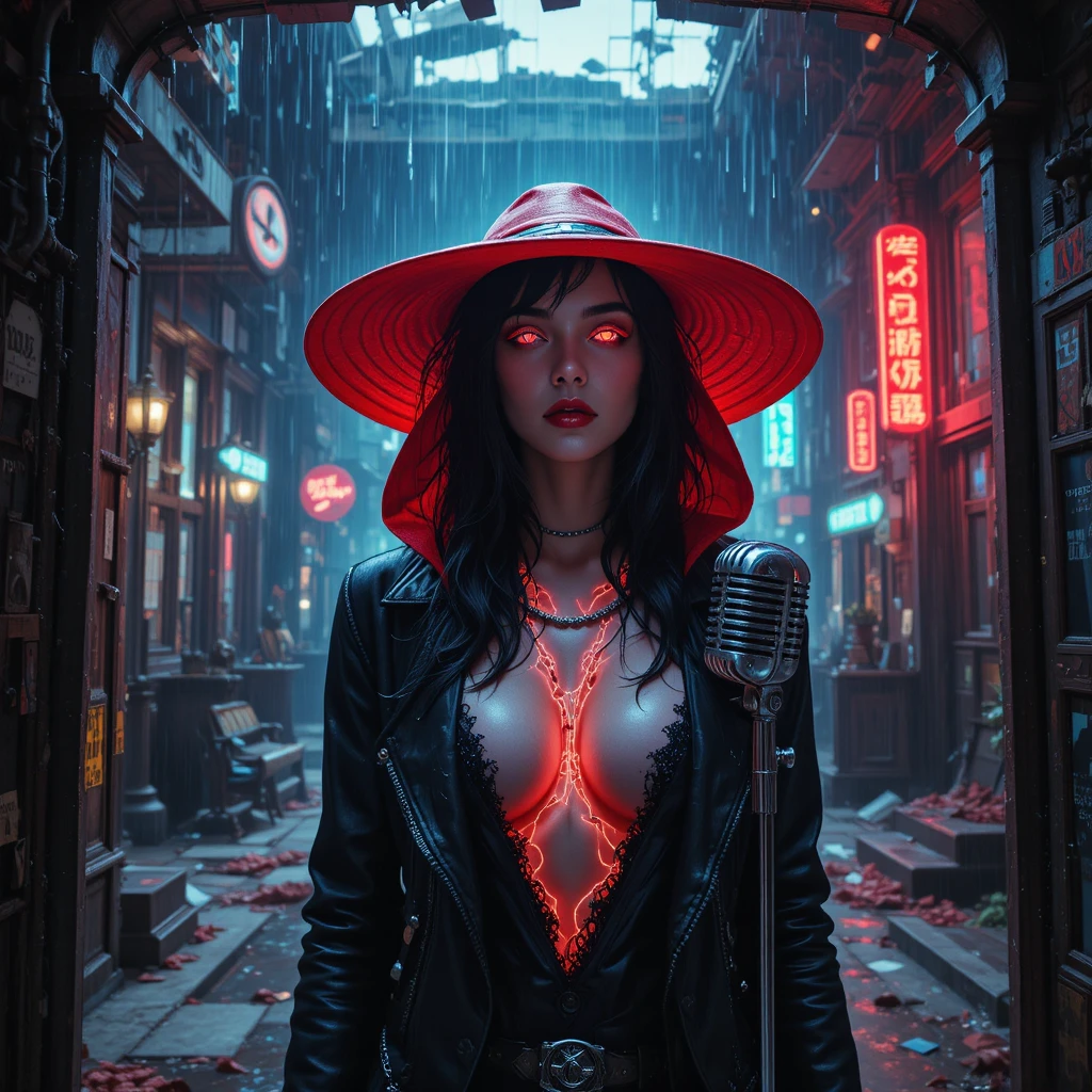 Neon drenched femme fatale in a ruined jazz hall