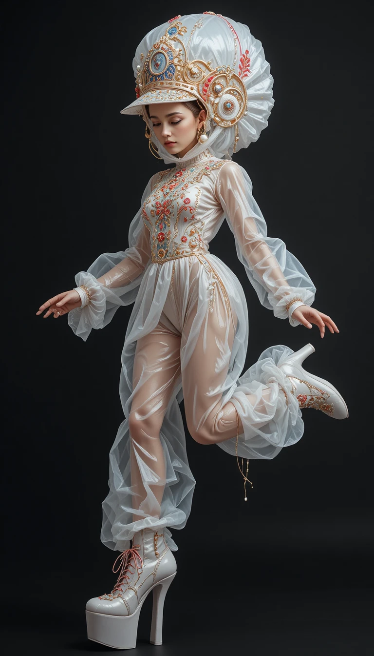 Bald woman jumping in a surreal futuristic fashion outfit