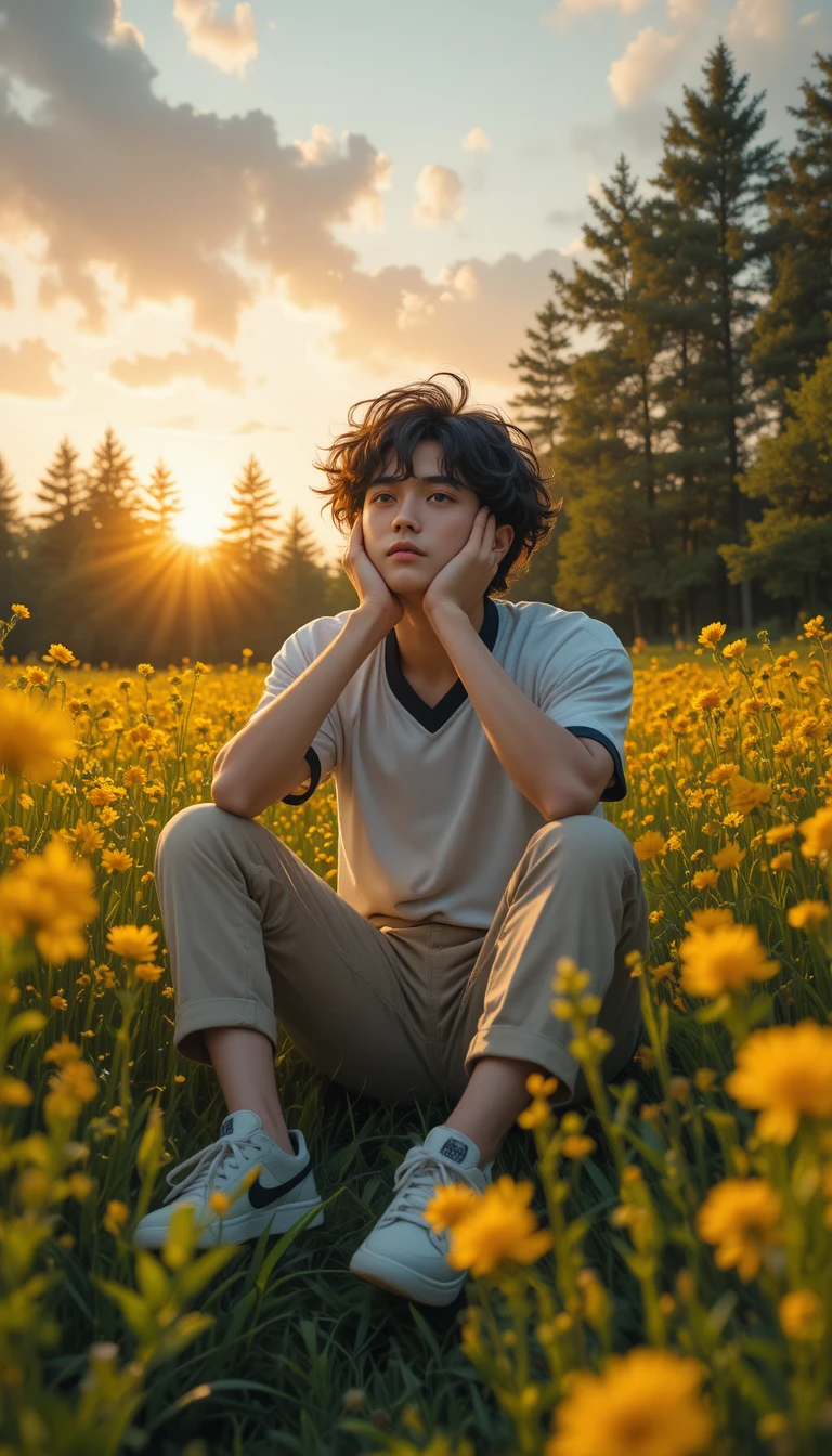 Anime boy resting in a yellow flower field at sunset