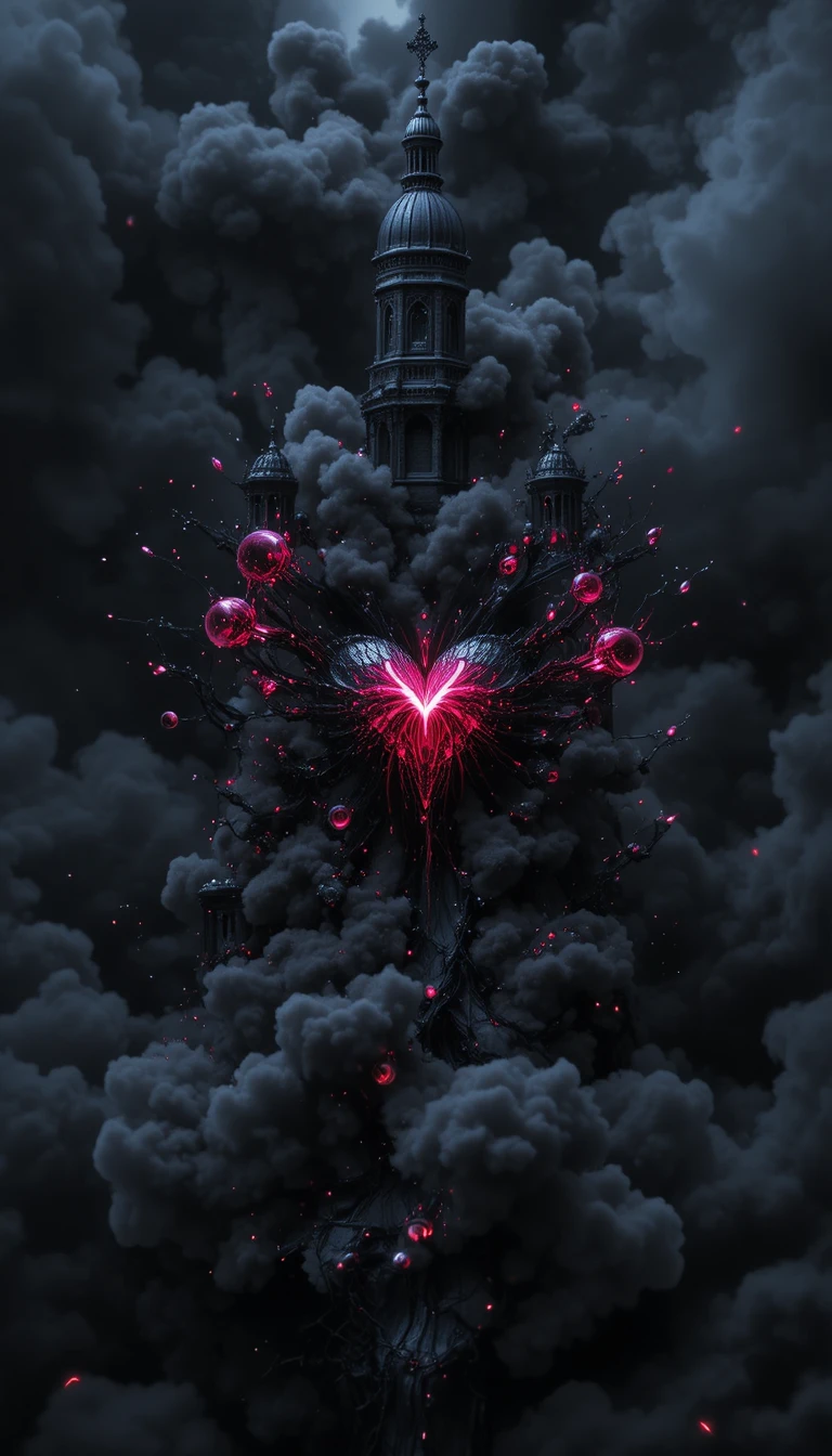 Black ruby heart glowing in dark fantasy space