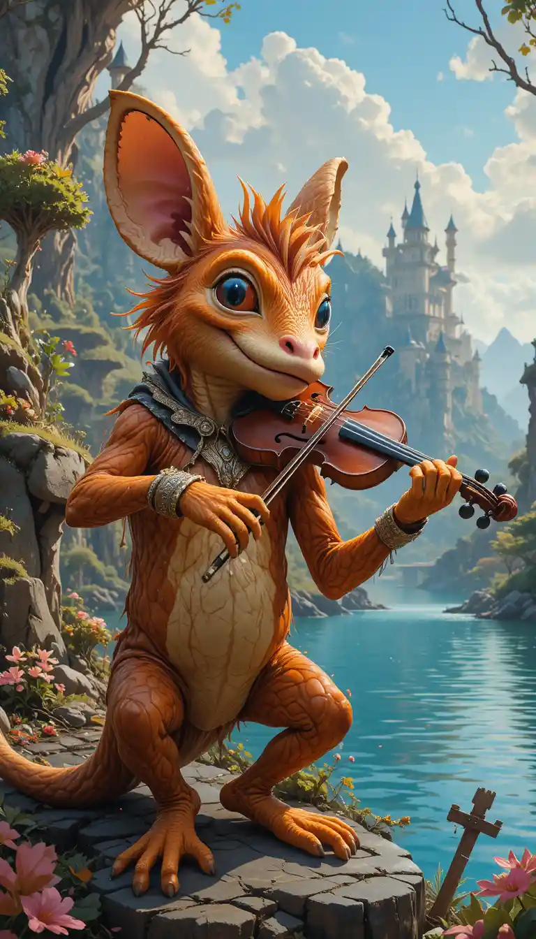 Playful fantasy creature playing violin by a bright lake