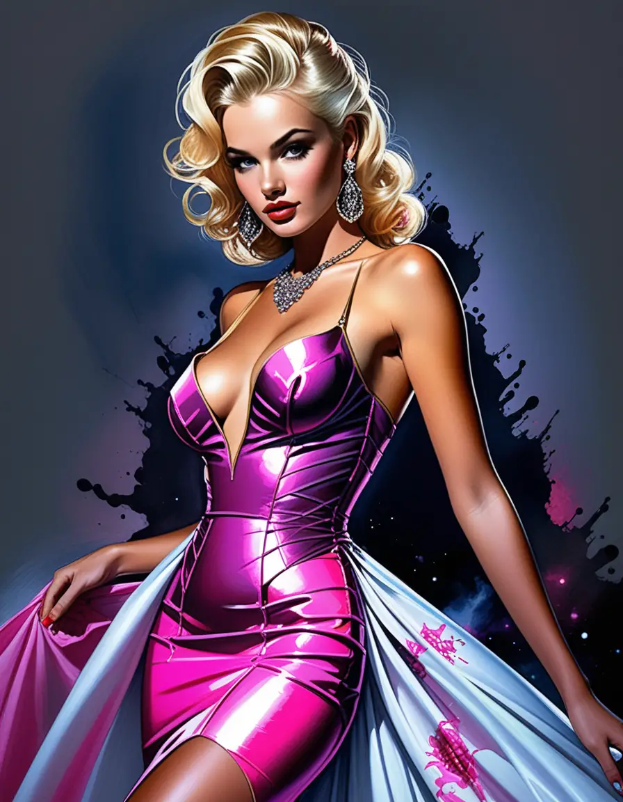 Haute couture prom dress fashion illustration in neon colors