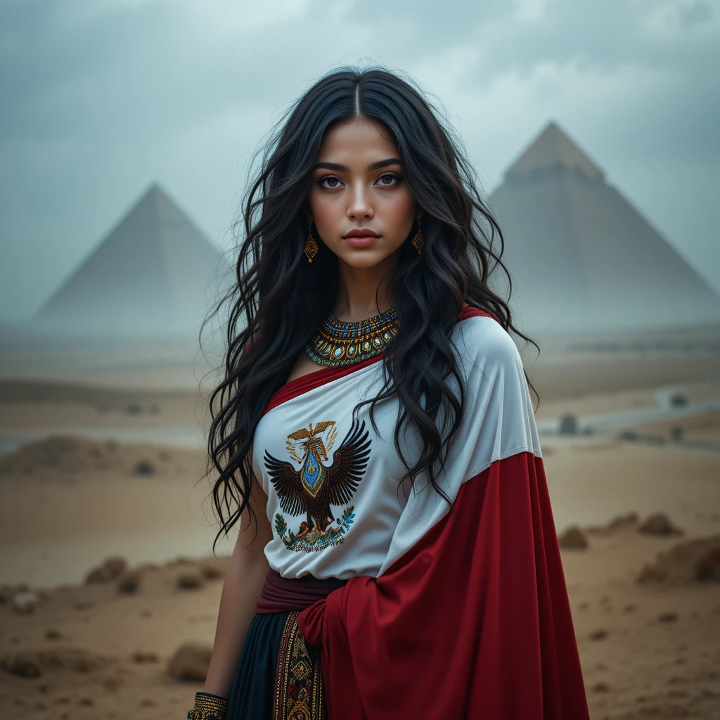 Mujer con la bandera de Egipto frente a pirámides desérticas entre la niebla