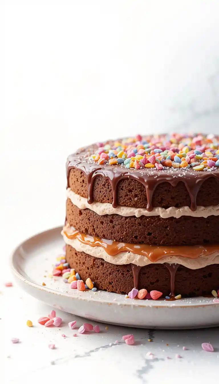 Close up pastel drawing of chocolate cake on white background