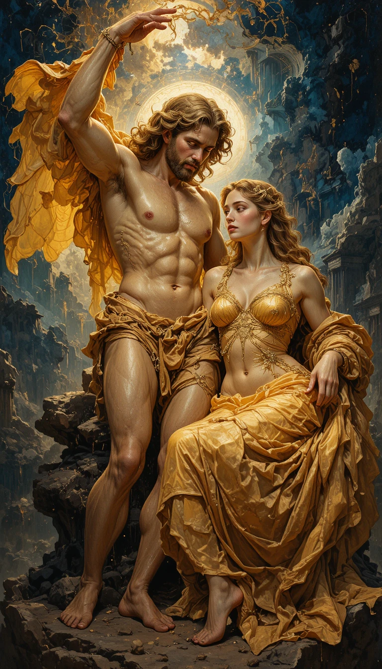 El dios mítico Apolo con su hermosa esposa bajo luz barroca