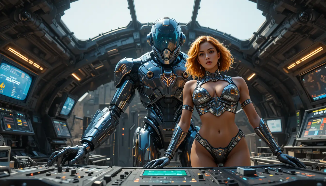 Futuristic Woman And Robot In Desert Outpost Daylight Scene