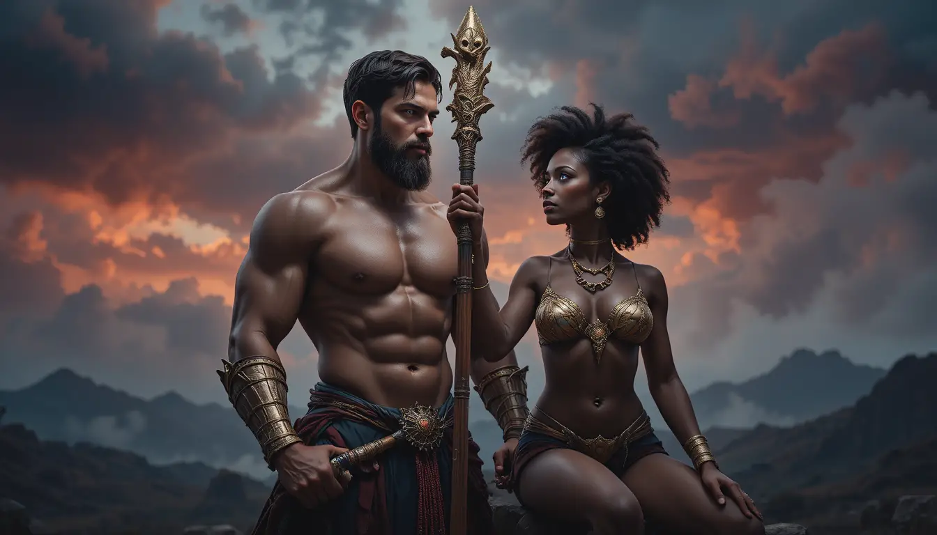 Mythic couple kneeling under dramatic red stormy sky
