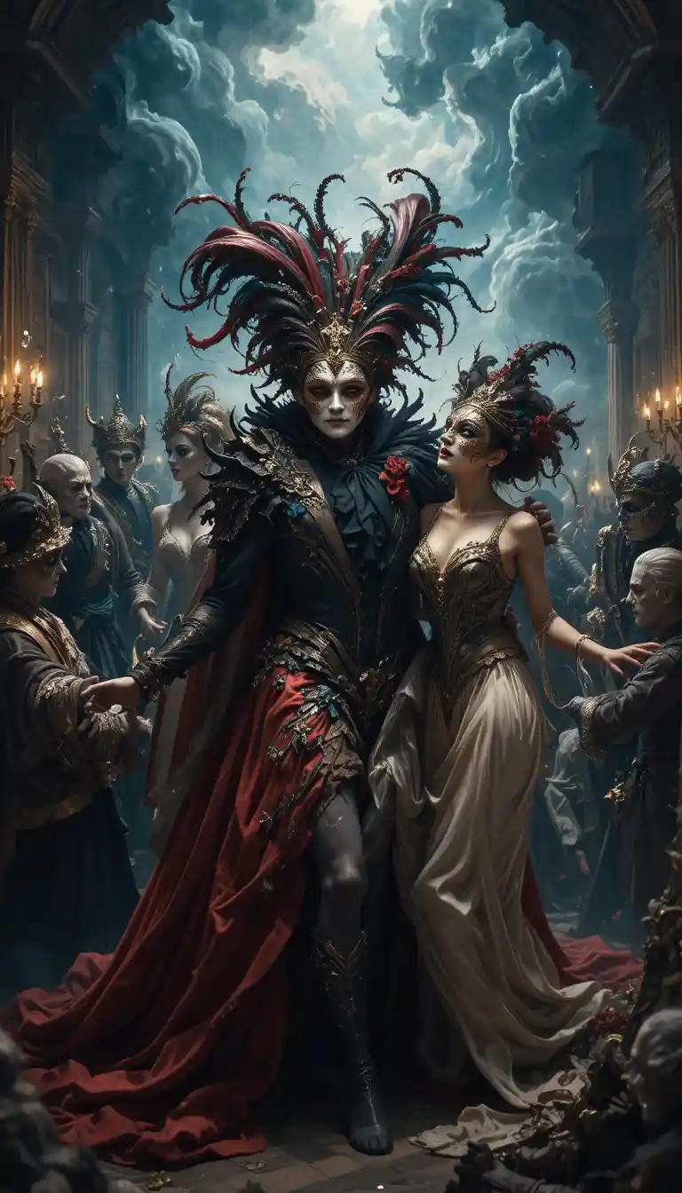 Masked carnival figures in a dramatic Venetian baroque scene