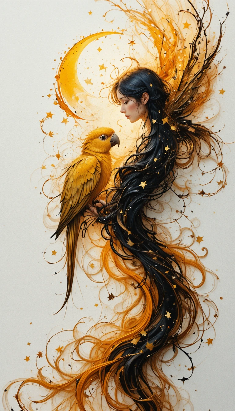 Anime pixie girl with celestial night and glowing parrots