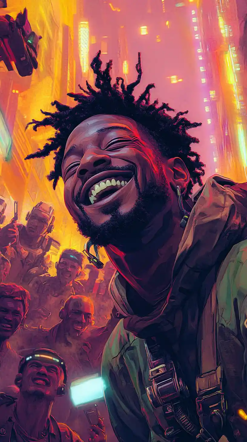 Afrofuturistic man laughing while people gossip behind him