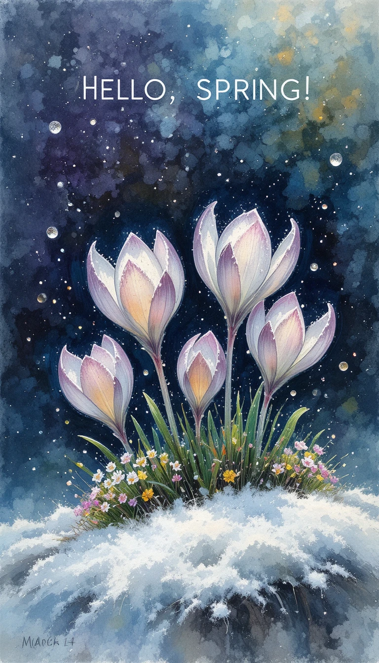 Açafrões Surgindo da Neve com Lettering "Hello Spring"