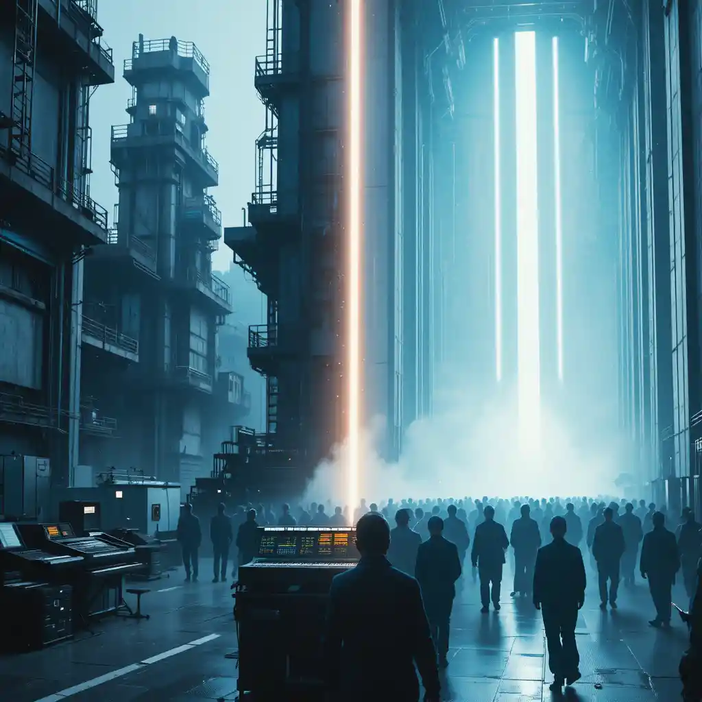 Minimalist techno poster with industrial machine and human soul