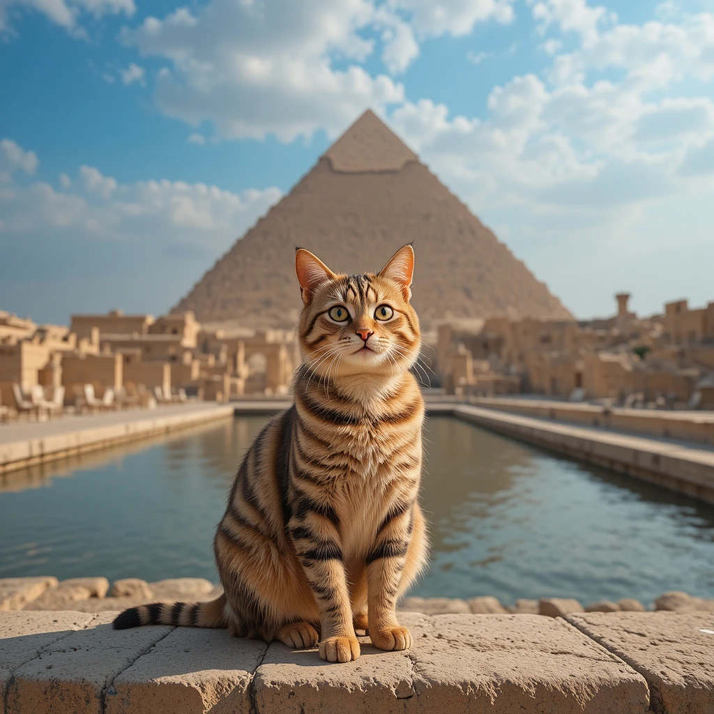Gato atigrado en un saliente de piedra frente a la Gran Pirámide
