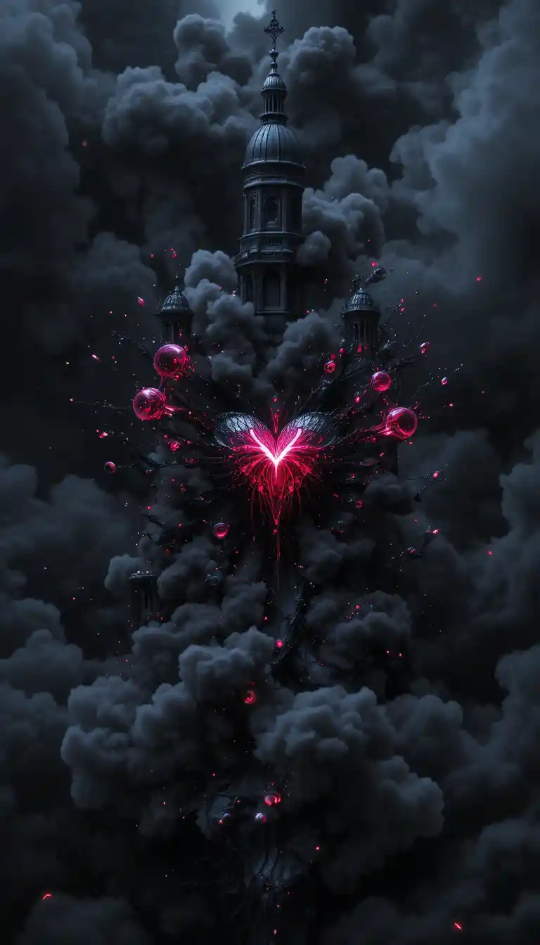 Black ruby heart glowing in dark fantasy space