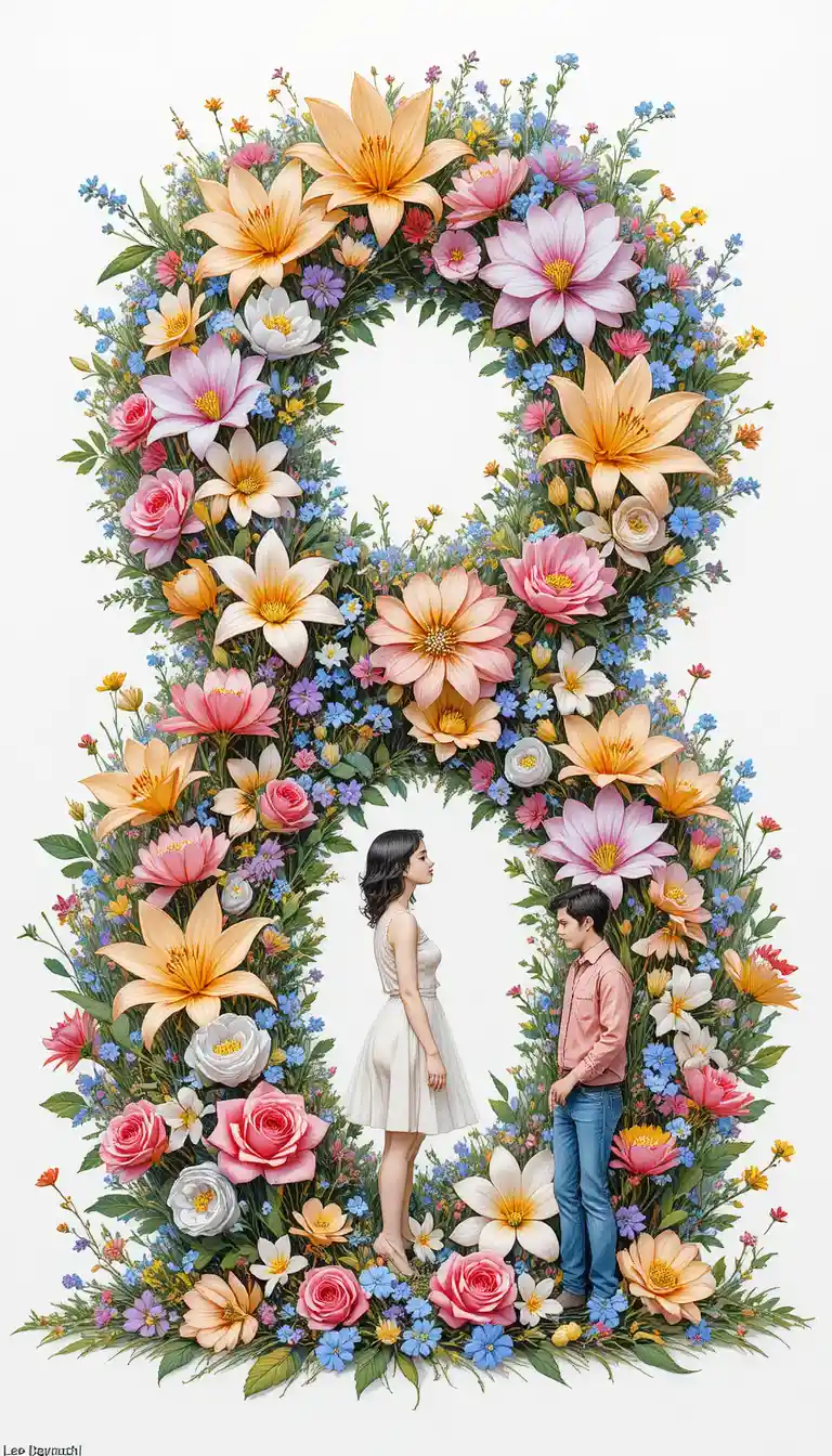 Floral number eight with a girl and boy illustration