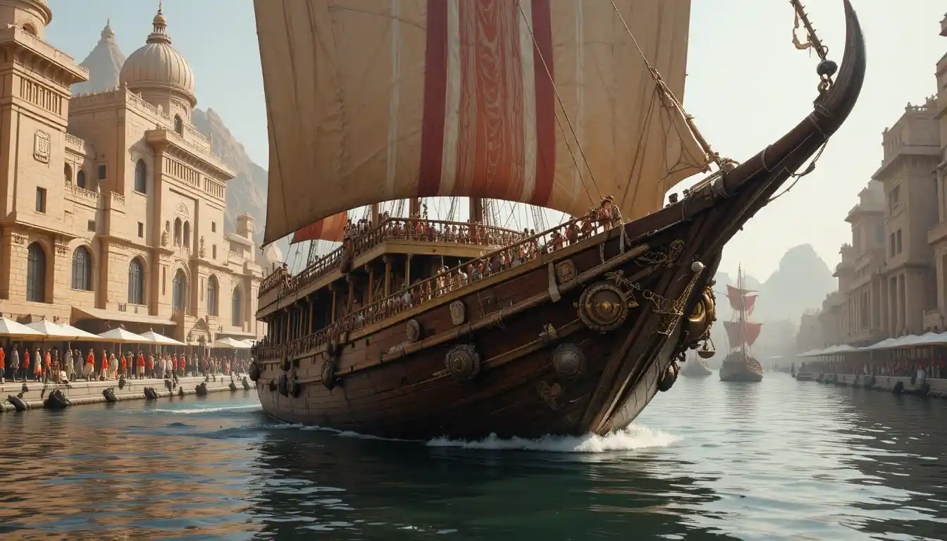 Ancient Egyptian warship docked in a busy stone harbor