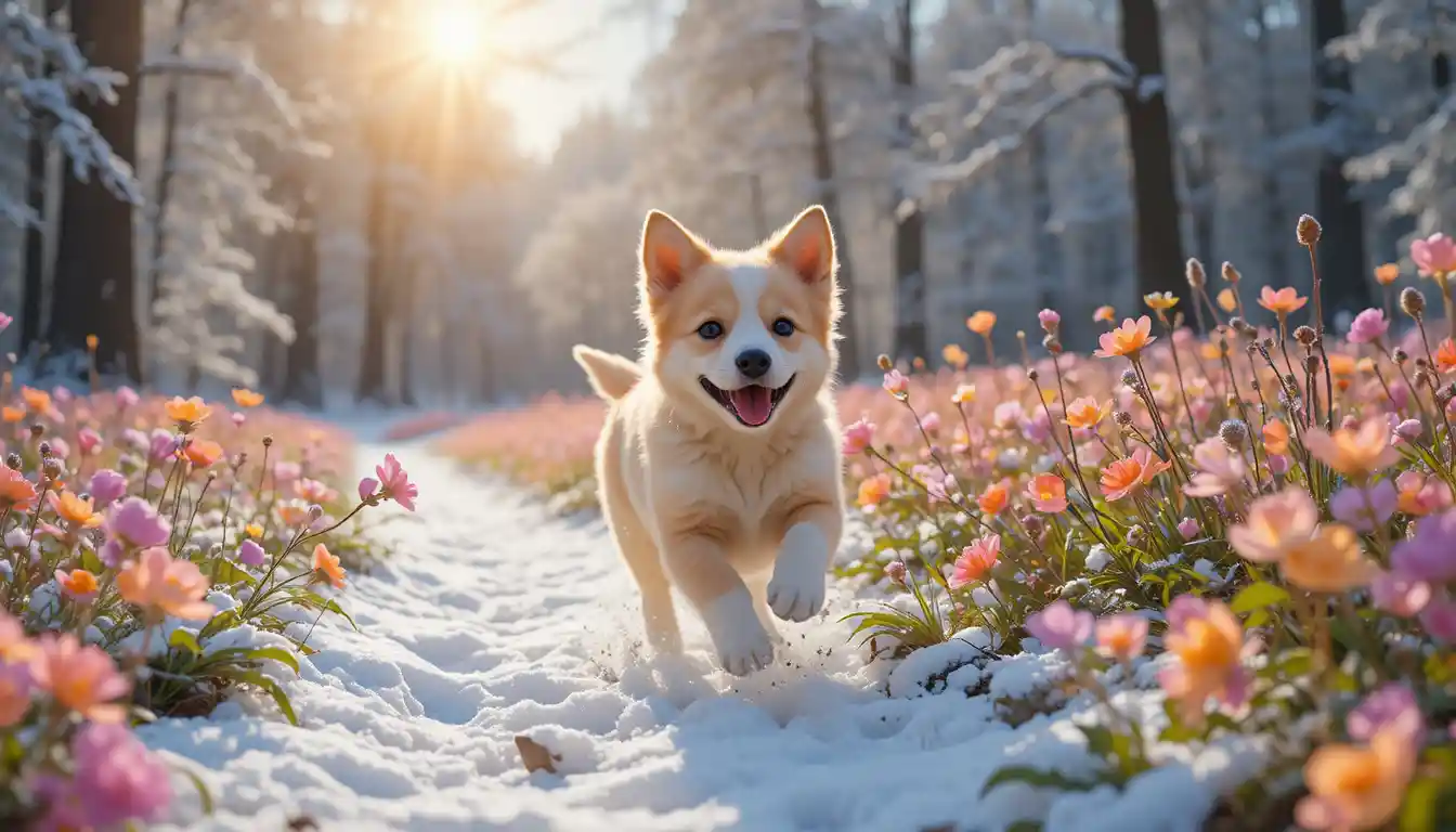 Cucciolo giocherellone che corre dal bosco innevato al prato soleggiato