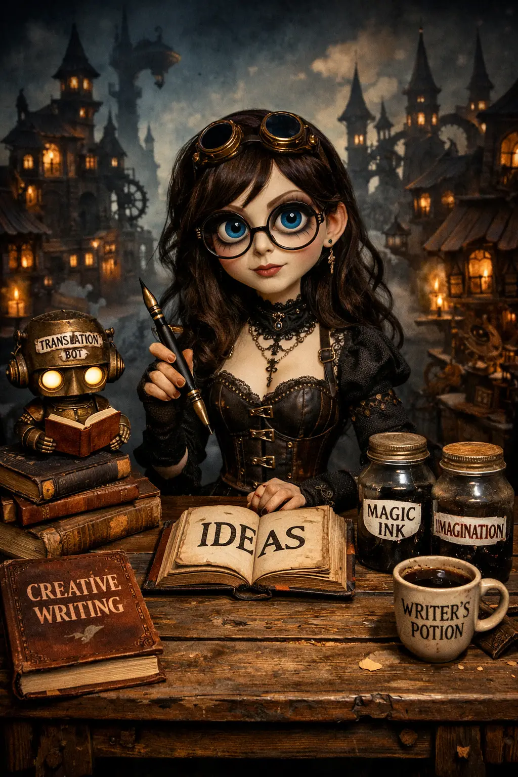 Écrivaine steampunk à un établi en bois dans une ville surréaliste