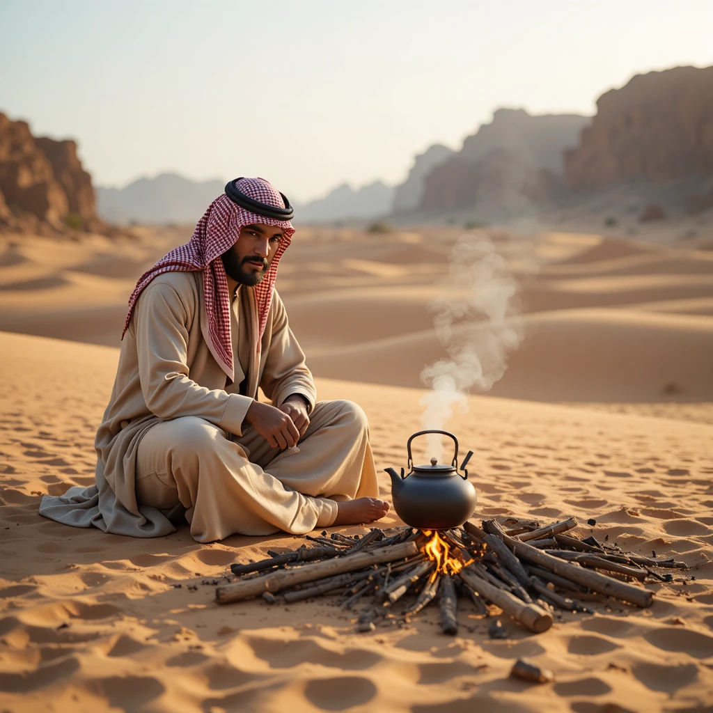 Beduino preparando té sobre una fogata en el desierto