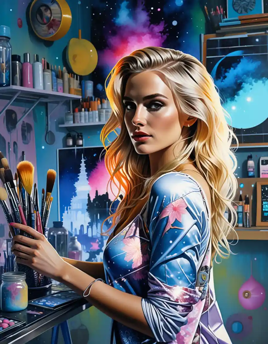 Blonde artist in colorful solarpunk studio at dawn