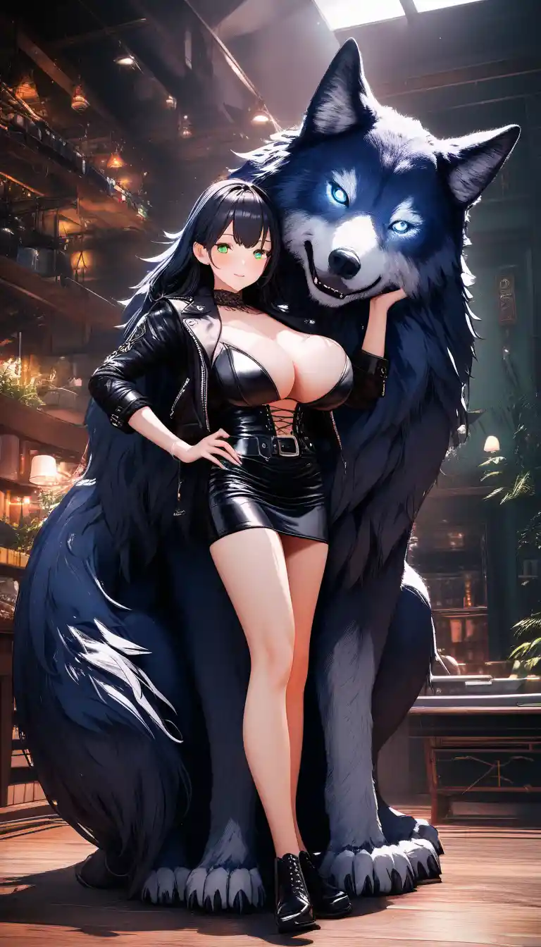 Tattooed woman in black leather outfit with dire wolf companion