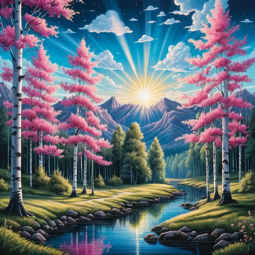 Summer forest with birch trees and glowing sunbeam