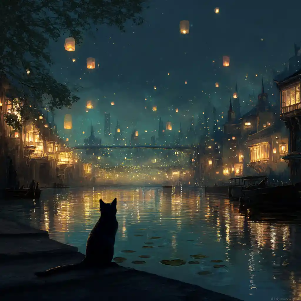 Silhouetted cat beside a lantern lit riverside city