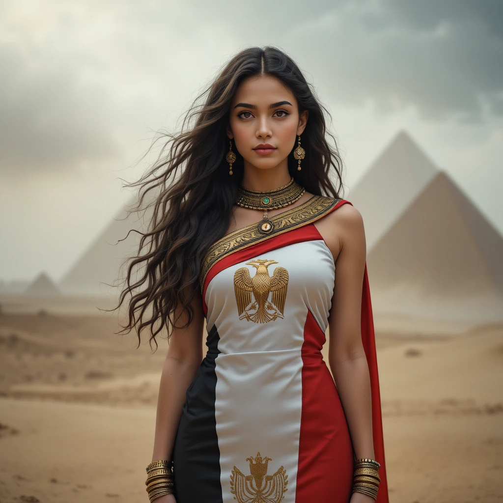 Donna con bandiera egiziana davanti alle piramidi nebbiose di Giza