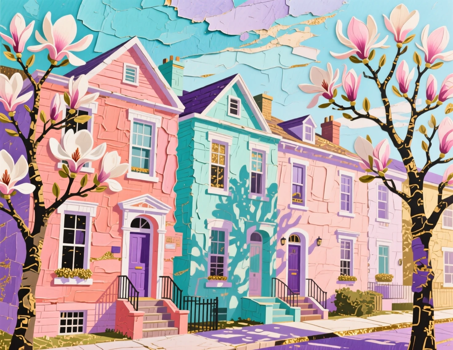 Pastel terraced houses with magnolia trees in mixed media collage
