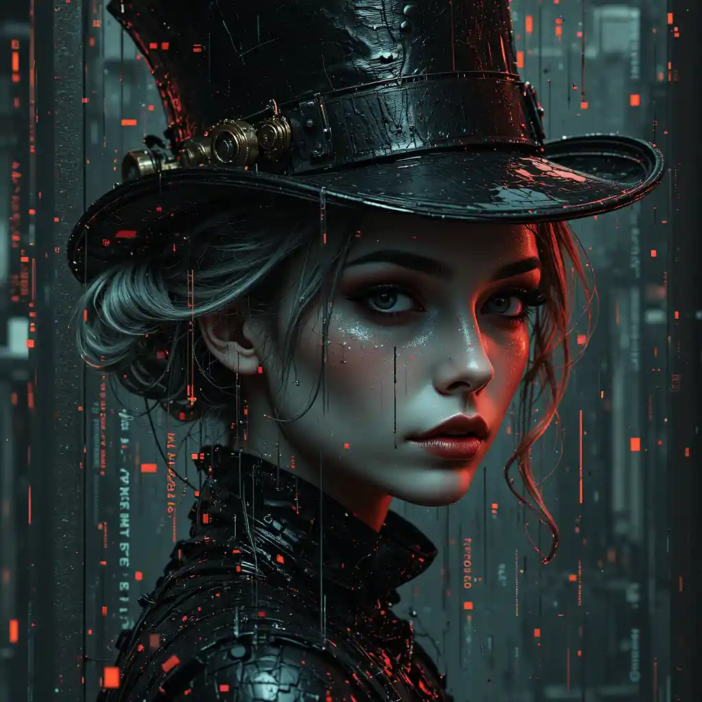Femme surréaliste en glitch se dissolvant en bruit numérique et en code