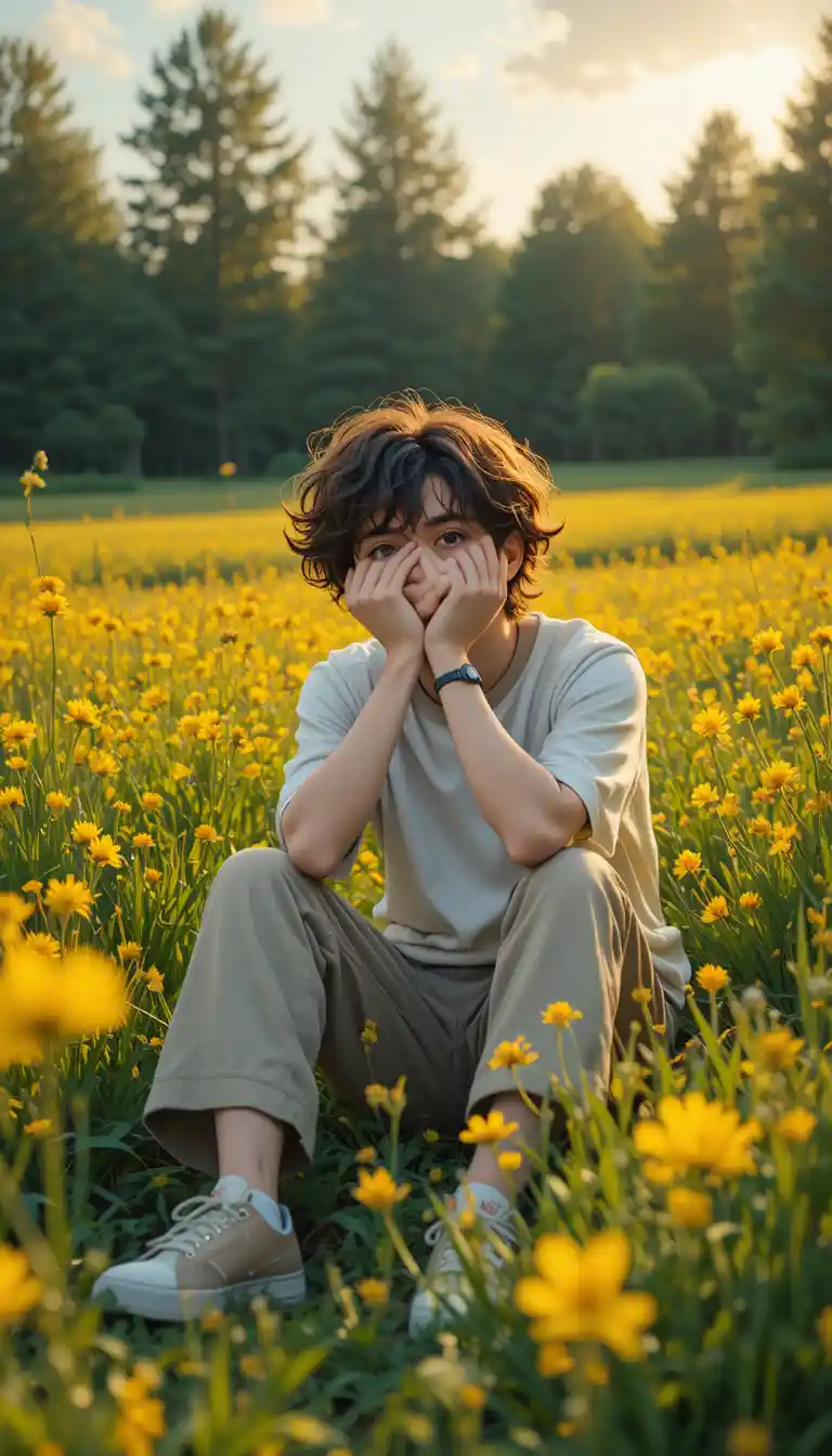 Anime boy resting in a yellow flower field at sunset