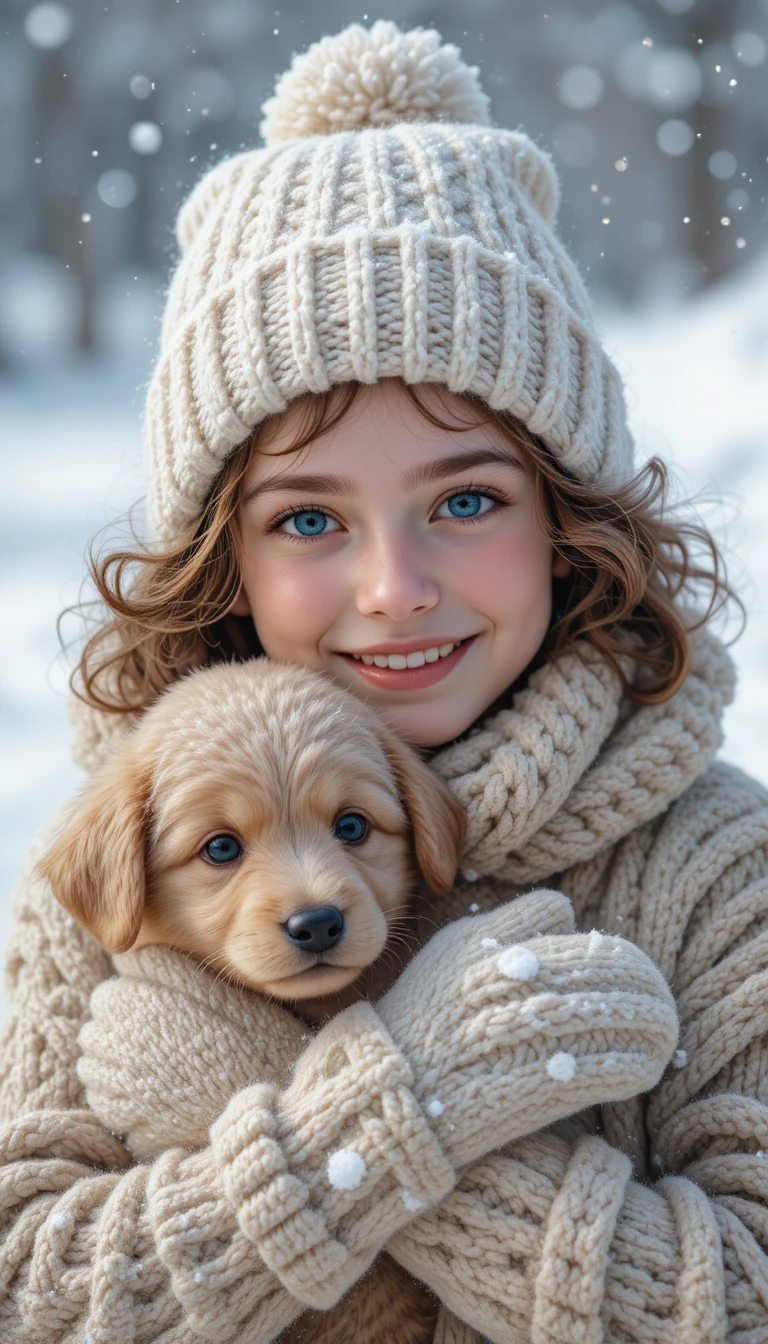 Niño sonriente con ropa de invierno de punto abrazando a un cachorro en la nieve