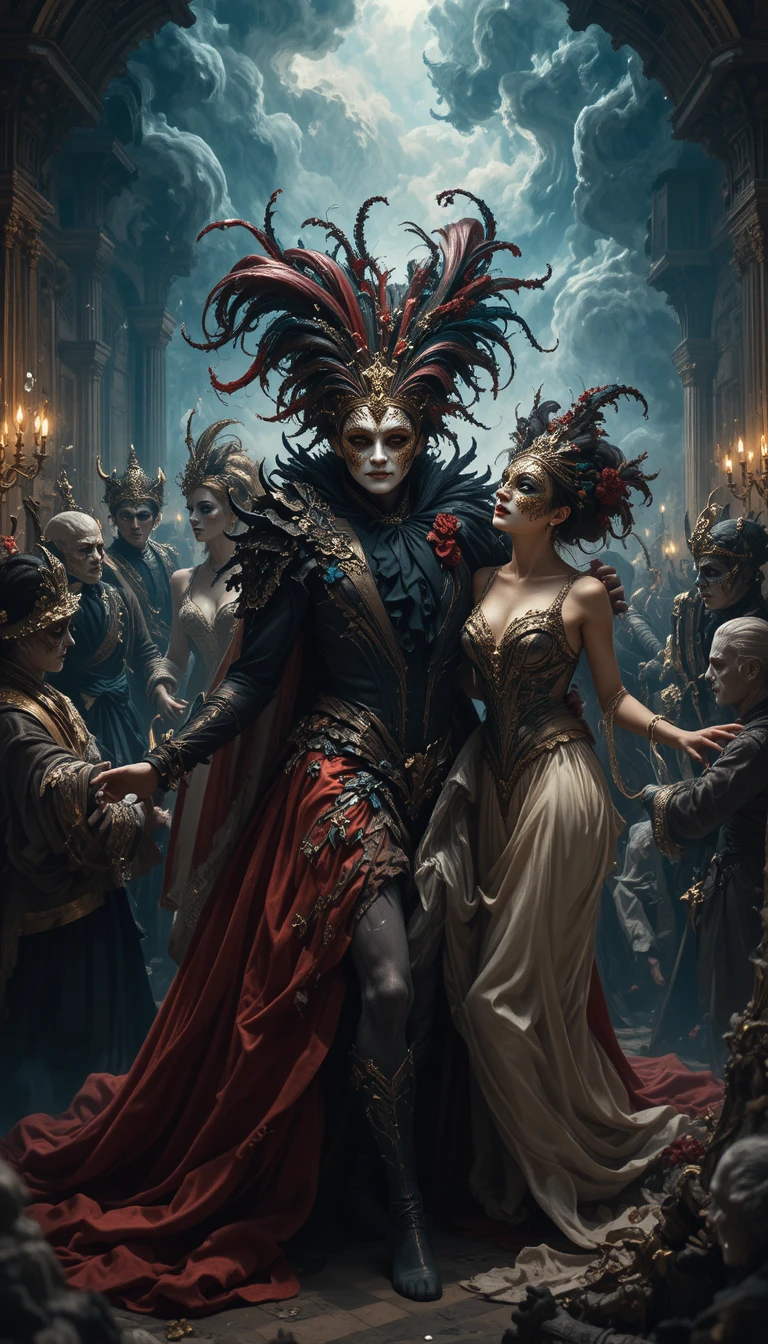Masked carnival figures in a dramatic Venetian baroque scene