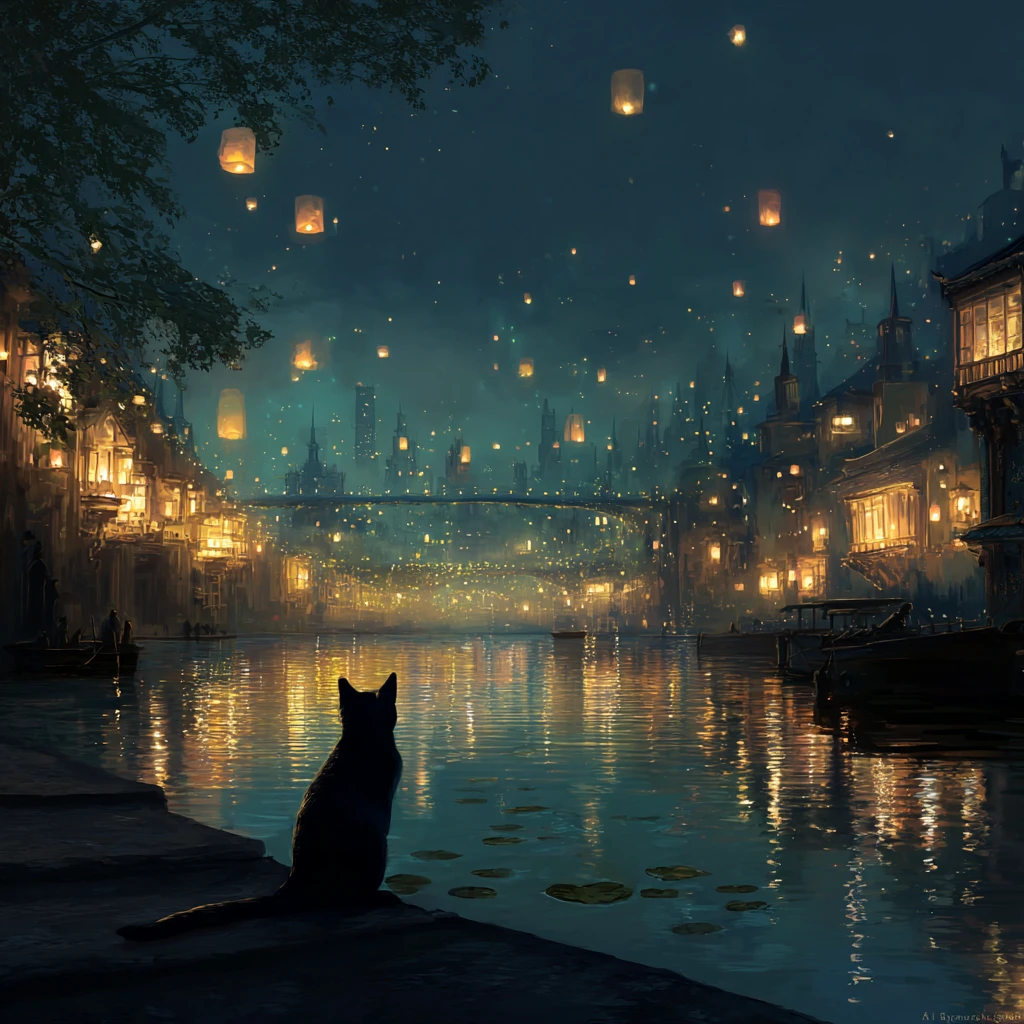 Silhouetted cat beside a lantern lit riverside city