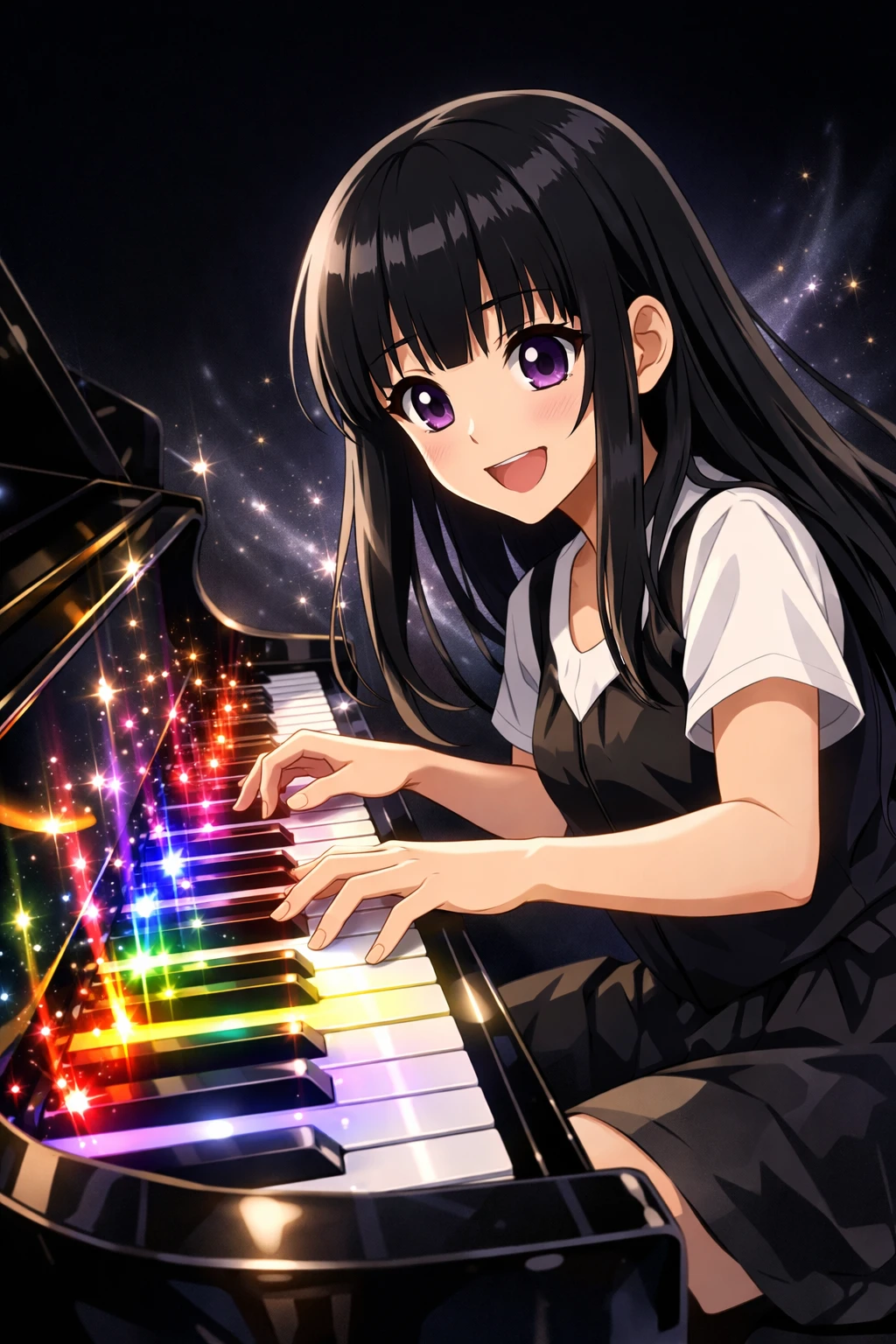 Ragazza anime che suona un pianoforte a coda magico e luminoso
