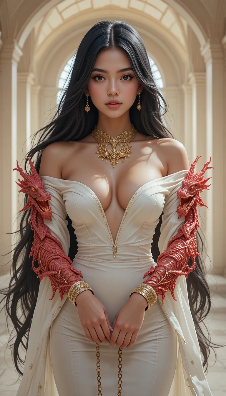 Elegant woman with dragons in a grand luminous hall