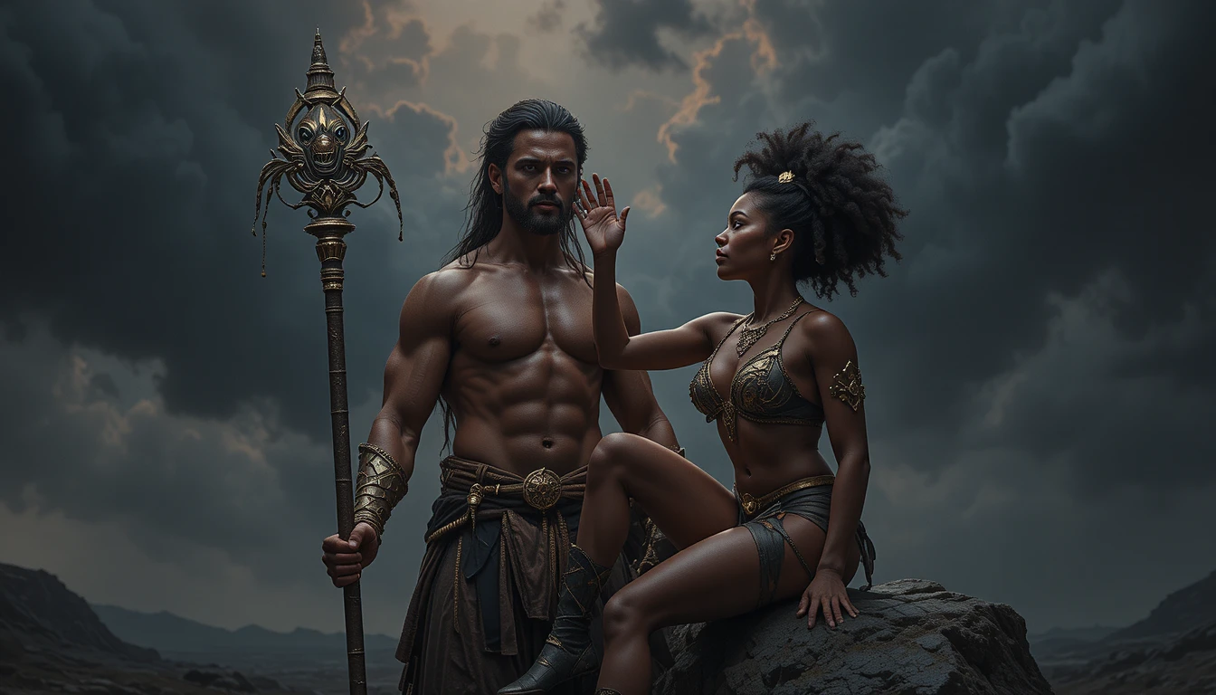 Mythic couple kneeling under dramatic red stormy sky