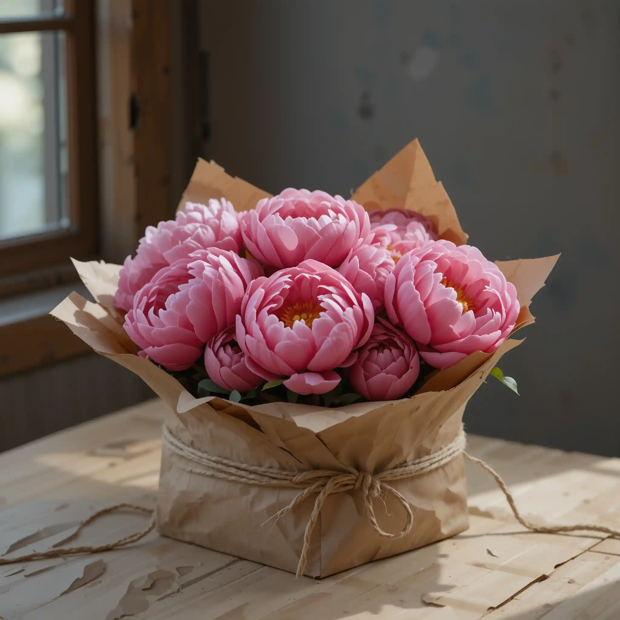 Bouquet of pink peonies in rustic craft paper wrapping