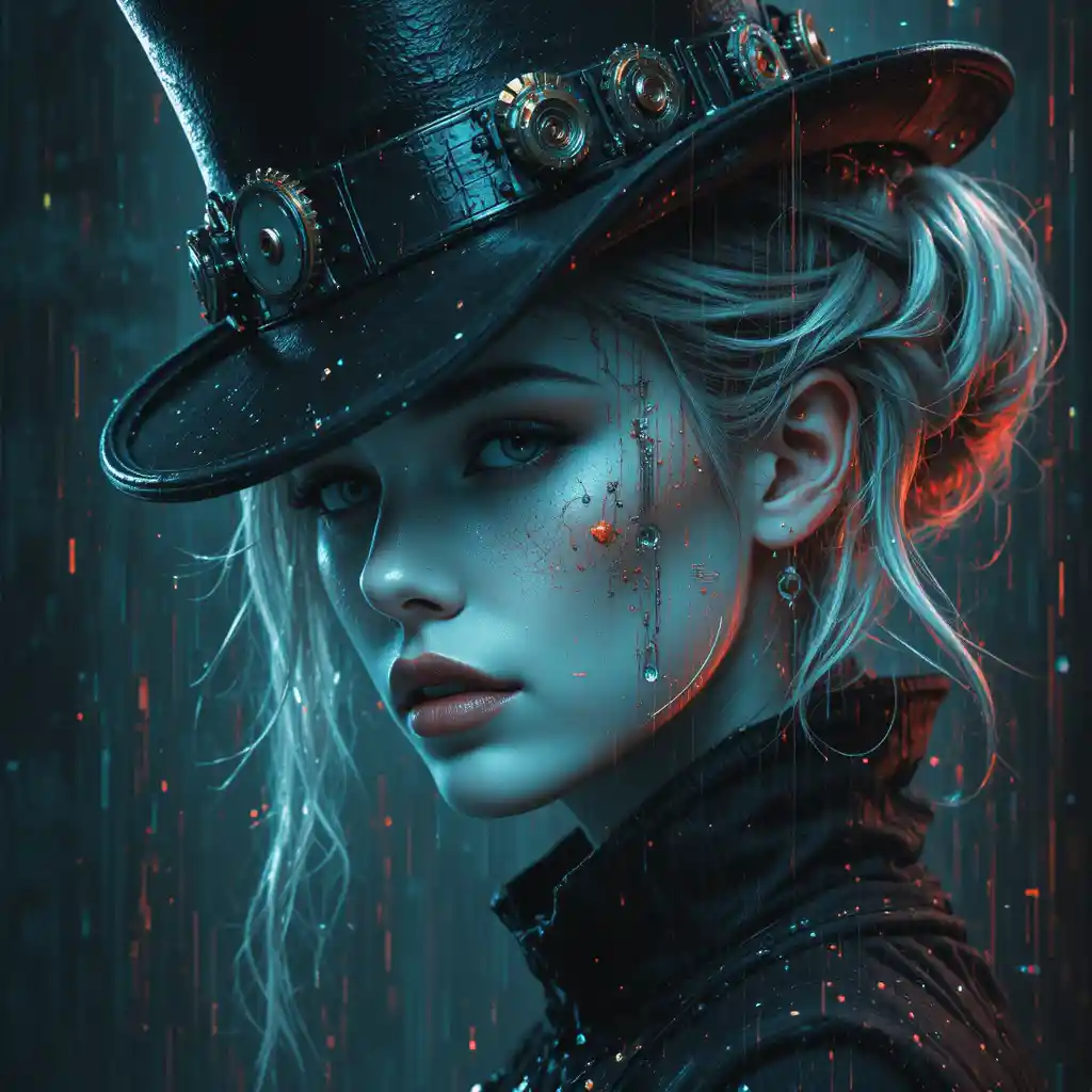 Surreal glitch portrait of a cyberpunk femme fatale