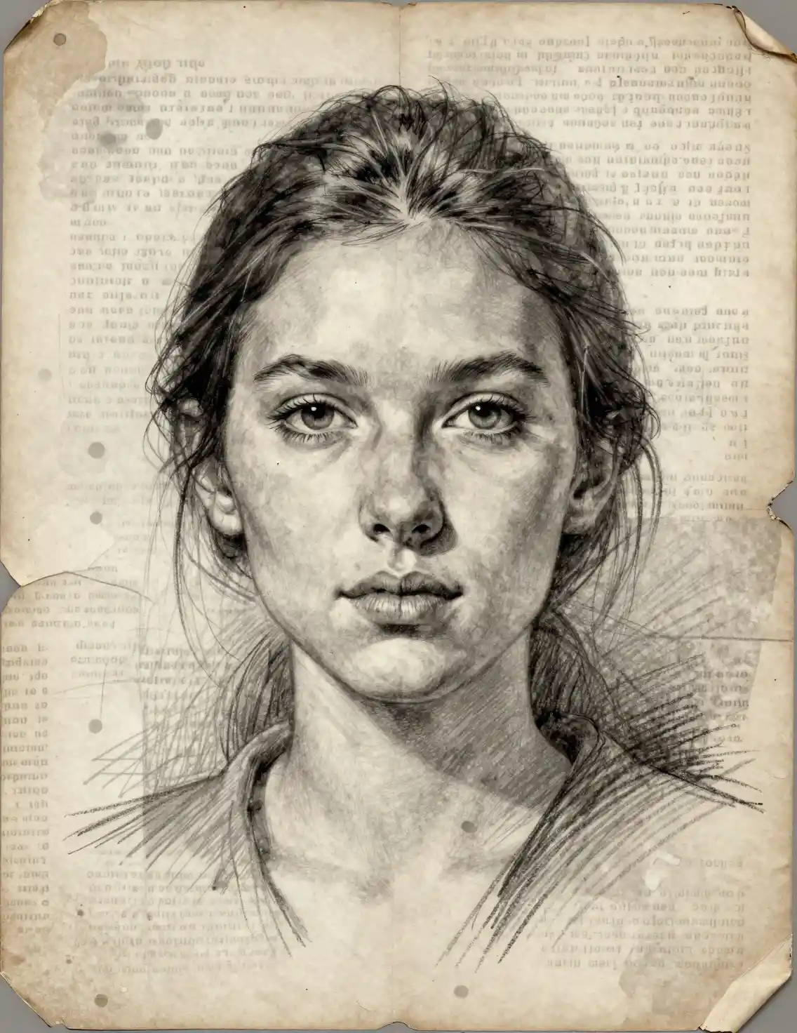 古びたレイヤードペーパーコラージュに描かれた少女のグラファイト肖像画