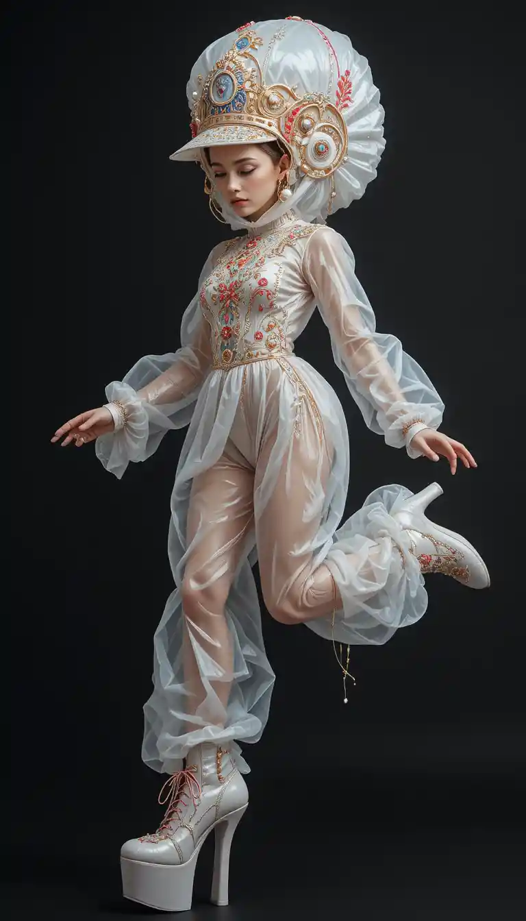 Bald woman jumping in a surreal futuristic fashion outfit