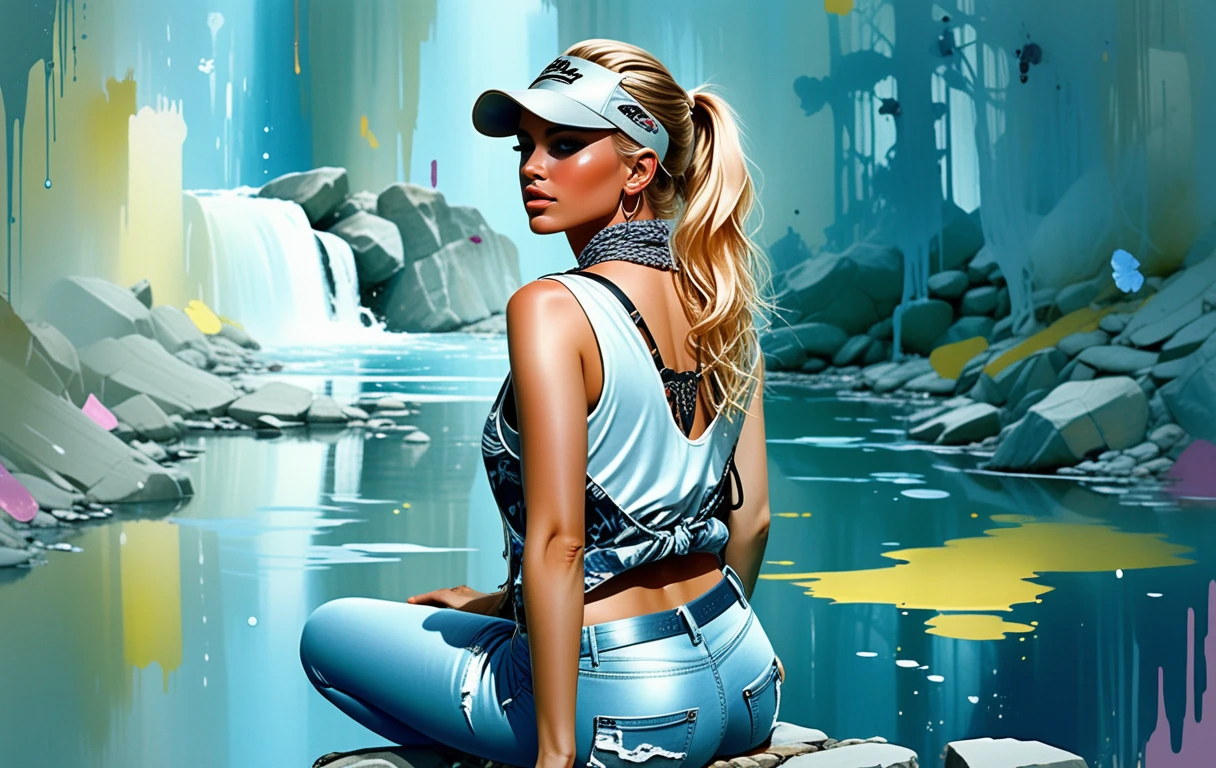 Blonde woman sketching by a quiet forest creek